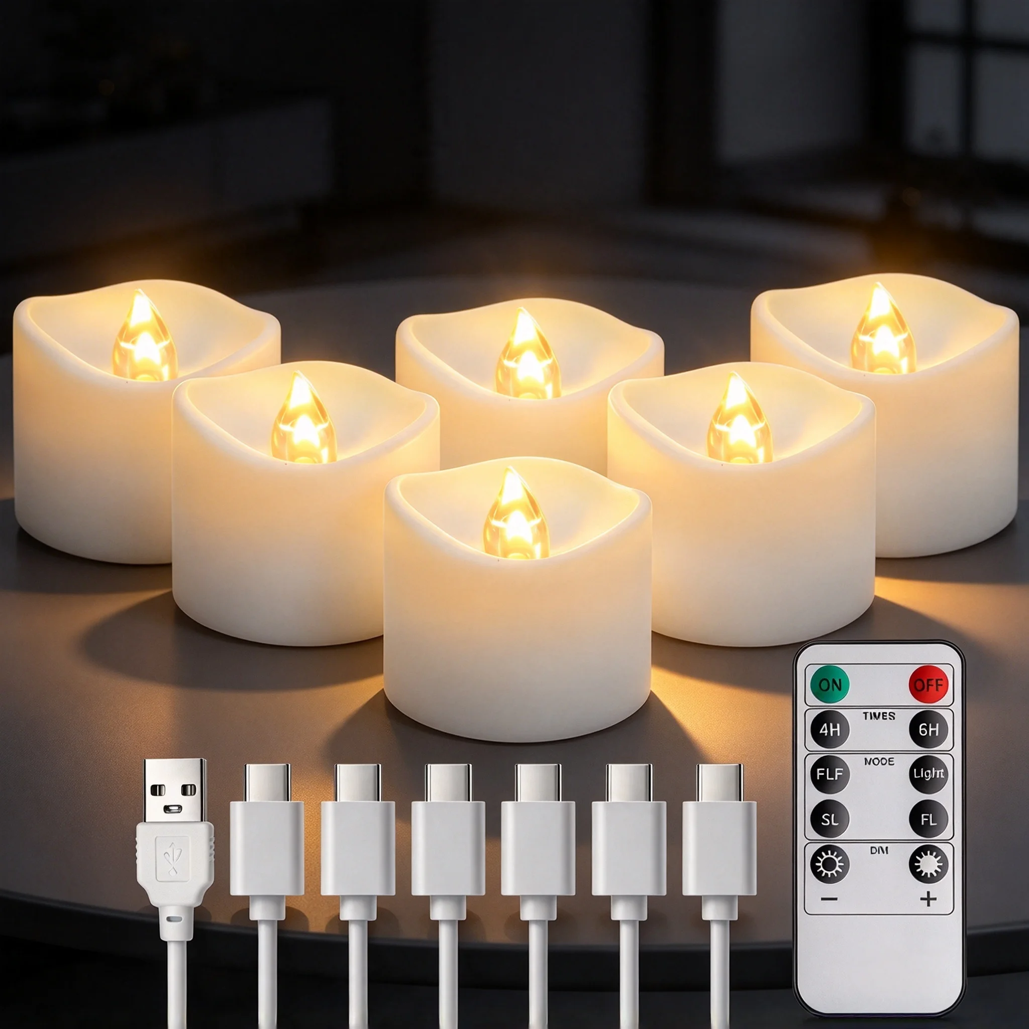 Rechargeable Tea Lights Candles with Remote & Charging Cable/Base 6 Pack Flameless Tealight Electric Votive Nightlamp for Home