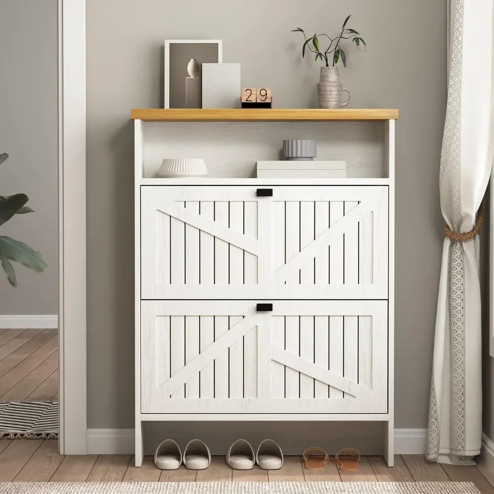 

Shoe Cabinet for Entryway,Narrow Shoe Storage Cabinet with 2 Flip Drawers and Open Storage Shelf,Freestanding Shoe Rack Organize