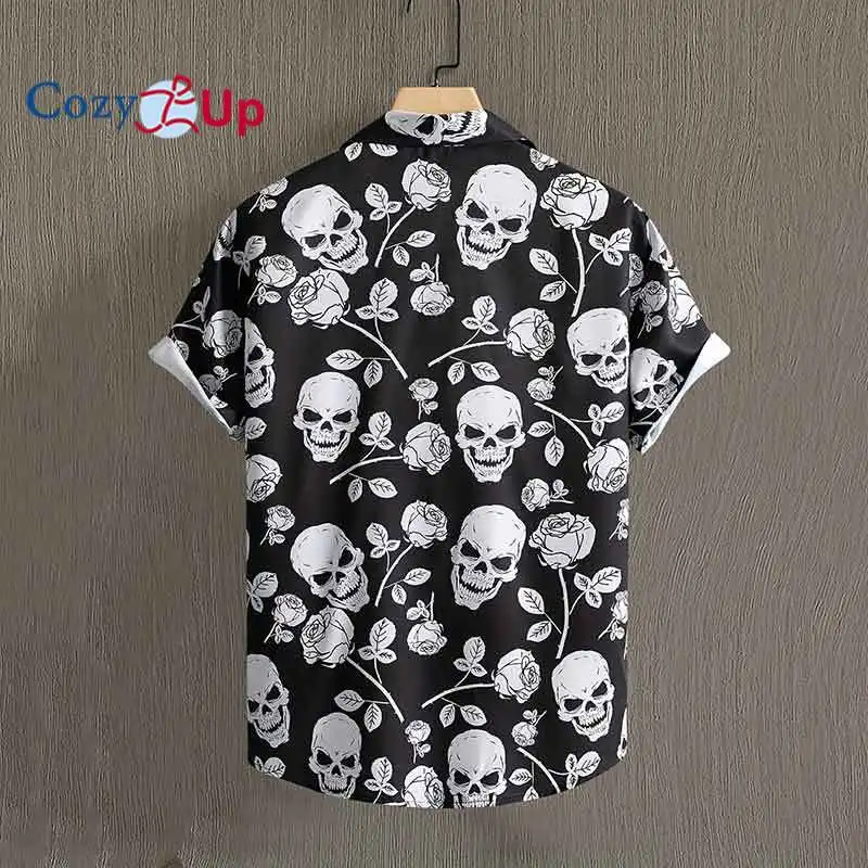 Summer Shirt Men's Clothing Short Sleeve Casual Shirts For Men Blouse Black Rose Skull Vintage Style New