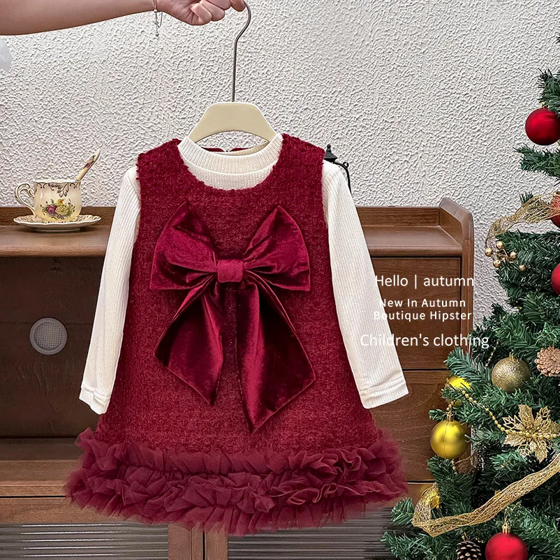 New Years Kids Girls 2PCS Winter Clothes Set Solid Base Shirts Knotbow Plus Velvet Mesh Hemline Dress Suit Children Girl Outfit