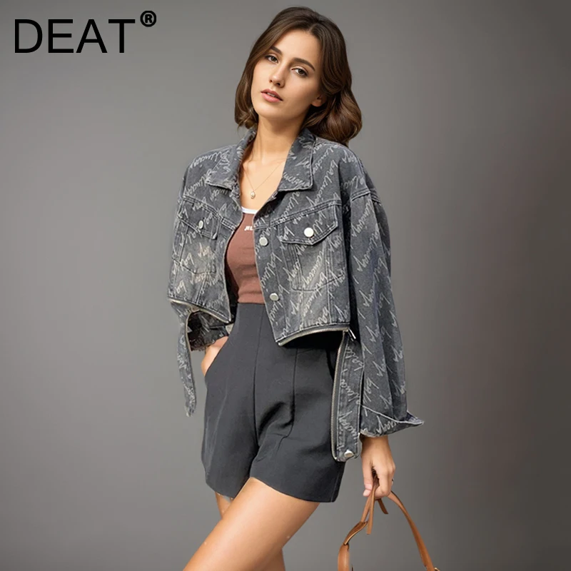 DEAT Fashion Letter Printed Denim Jacket Women's Lapel Single Breasted Loose Detachable Hem Zipper Short Jackets New 7AB8449