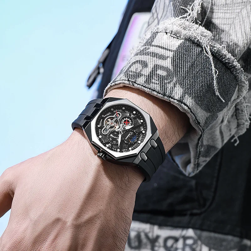 Neue vollautomatische mechanische Uhr Tourbillon Cut Out Herrenuhr Sonne, Mond und Sterne leuchtende wasserdichte Uhr