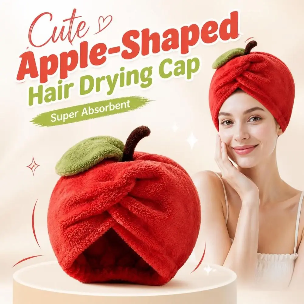 Super Absorbent Apple-shape Hair Drying Cap Quick Dry Thickened Shower Bath Cap Coral Fleece Material Comfortable