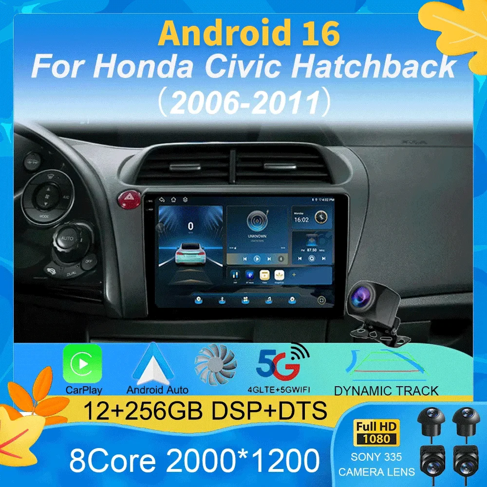 Car Radio Android 16 Carplay Auto GPS Navigation Multimedia Player For Honda Civic Hatchback 2006 - 2011 Video Stereo DVD 2 DIN