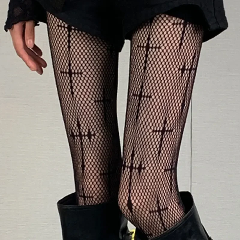 Cross Jacquard Fishnet Thigh High Stockings Lingerie Hosiery Body Stockings Pantyhose Women JK Lolita Girls Black White Tights