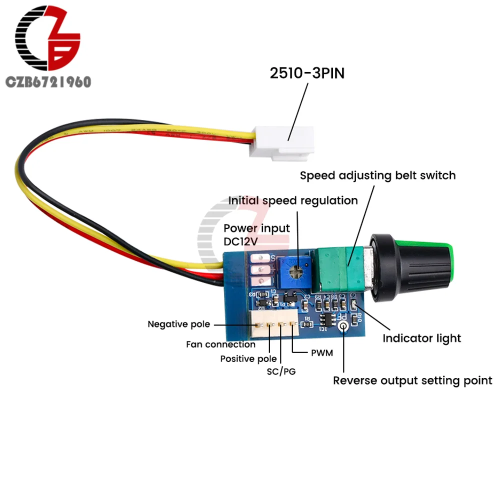 DC 12V PWM Motor Speed Controller Manual Four-Wire Adjustable Switch PWM Fan Governor With Knob Switch 3P Plug