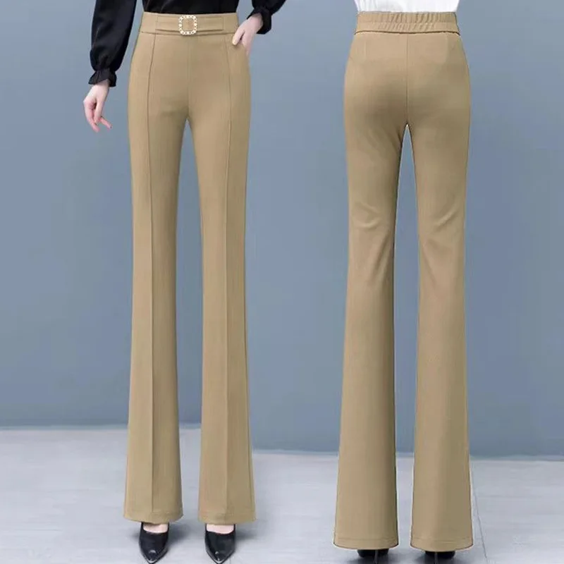 Elegant Solid Color Elastic High Waist Spliced Pockets All-match Pants Women\'s 2023 Autumn New Office Lady Commute Casual Pants