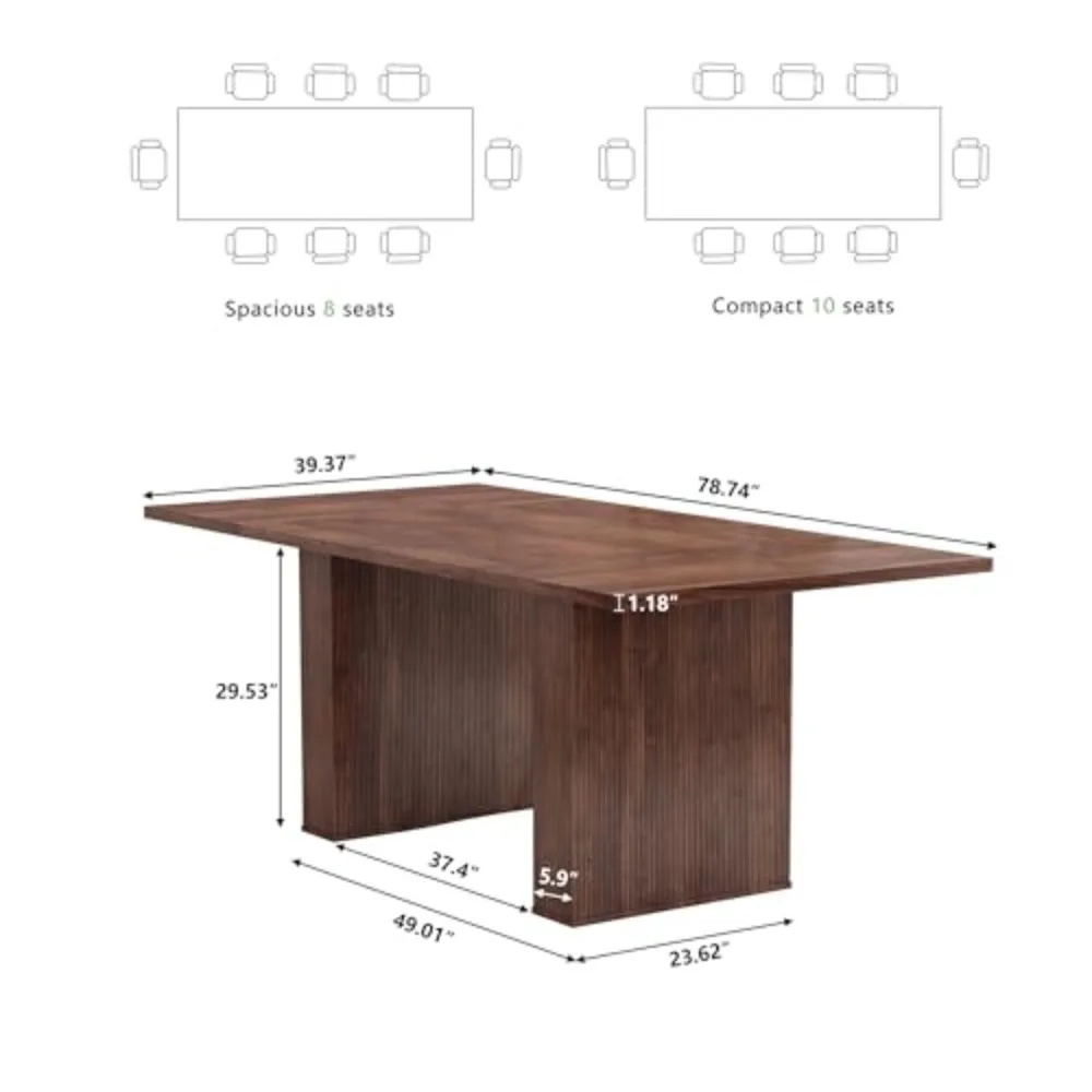 78 Inch Rectangular Dining Table for 6 to 10, Farmhouse Fluted Dining Kitchen Table, Modern Wood Long Dining Table for