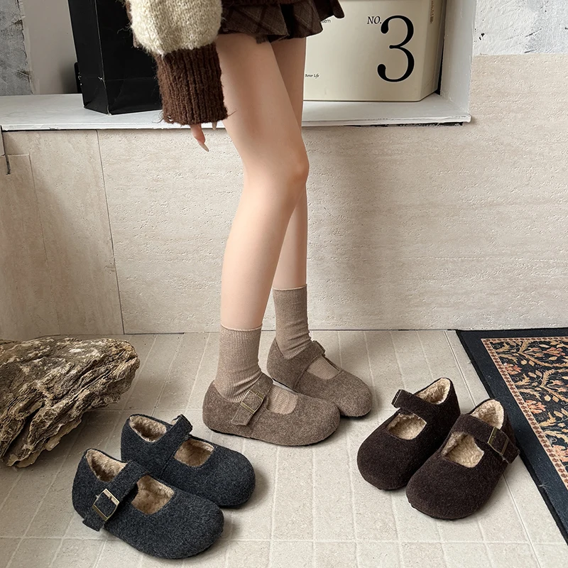

Vintage Warm Cotton Women Mary Jane Shoes Comfort Round Toe Soft Sole Shoes Autumn Winter Outdoor Fur Lining Grandma's Shoes
