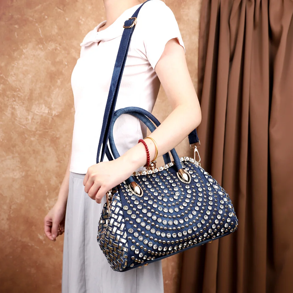

Fashion Denim Tote Bag for Women Large Capacity Full Rhinestone Jewelry Handbag Elegant Diamond Single-shoulder Bag Blue