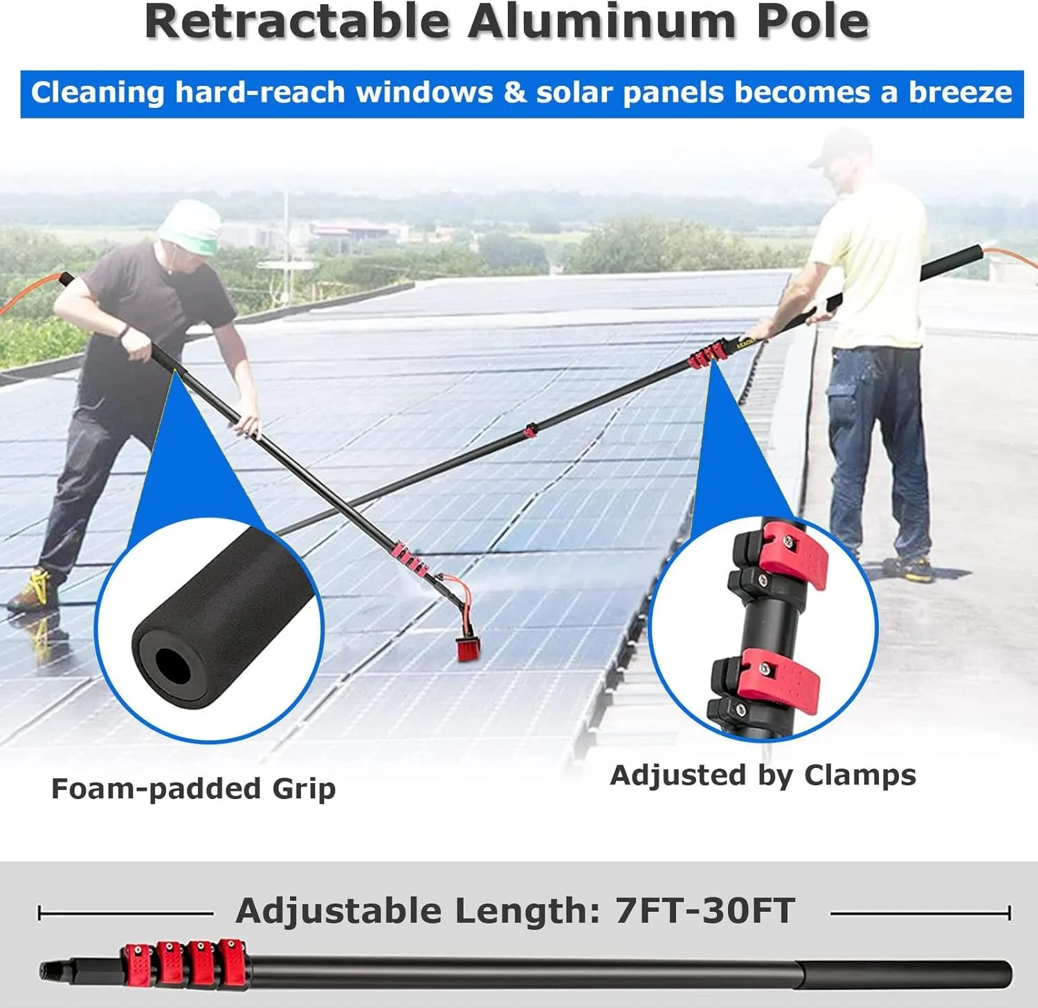 High Rise Building 3.6m to 15m Extension Pole, Solar Panel Cleaning Brush, Water Fed Window Cleaner Tool