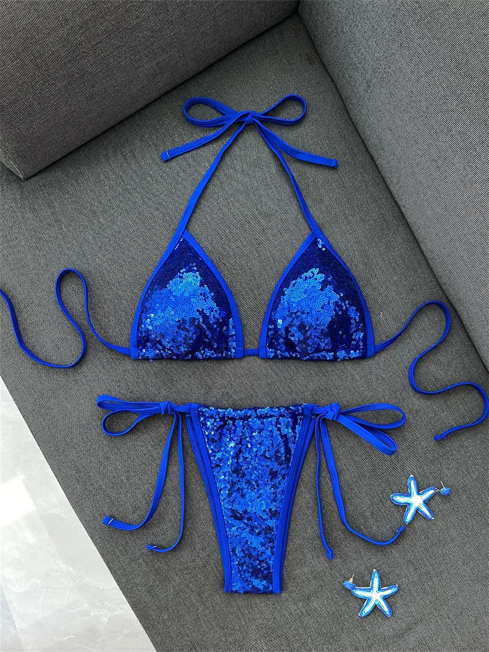 

Blue Sequined Bikini Shiny Y2k String Swimwear Triangle Tanga Bathing Suit Women Vacation Outfit Beach Swimsuit Backless Bikinis