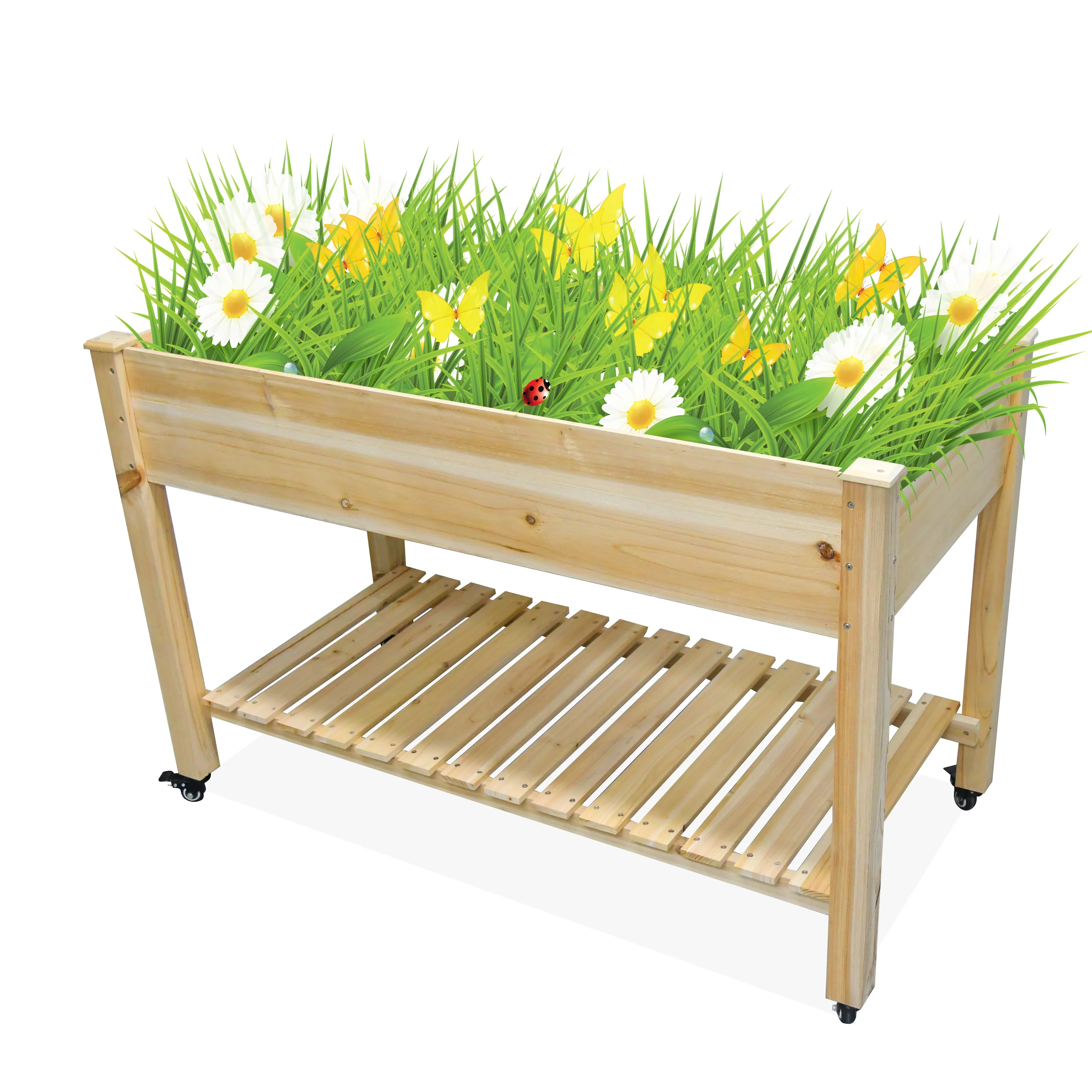 

Outdoor Garden Flower Planter Work Bench Elevated Wooden Cedar Vegetable Box Stand 2 Tier Raised Garden Bed Eco-friendly