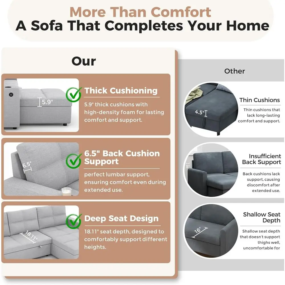 أريكة نوم رمادية 85 مع مساحة تخزين، أريكة مقسمة على شكل حرف L، أرائك قابلة للسحب 2 في 1، كرسي قابل للتحويل، منافذ USB، حاملات أكواب