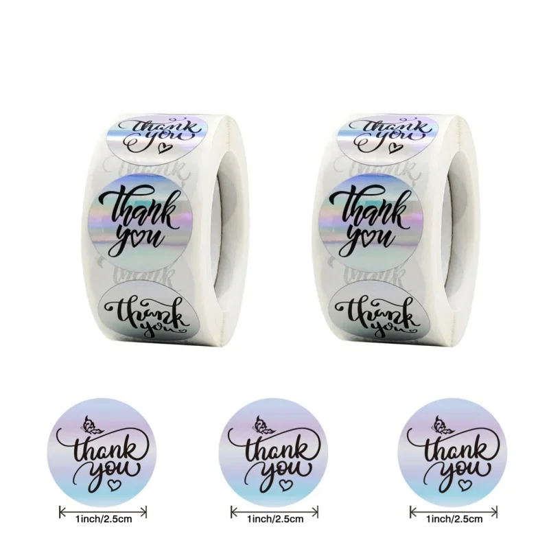100‑500Pcs 2.5cm Rainbow Laser Thank You Stickers, 1 Inch Adhesive Labels, Small Business Boutique Wrapping Supplies