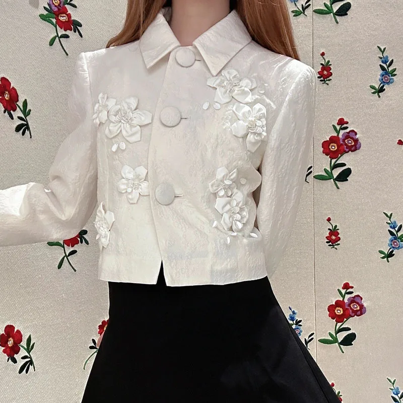 2024 Summer New Fashion Lapel Beading Solid Color Chic Flower Short Coats Feminine Straight Mid-Length Skirts Women's Skirt Sets