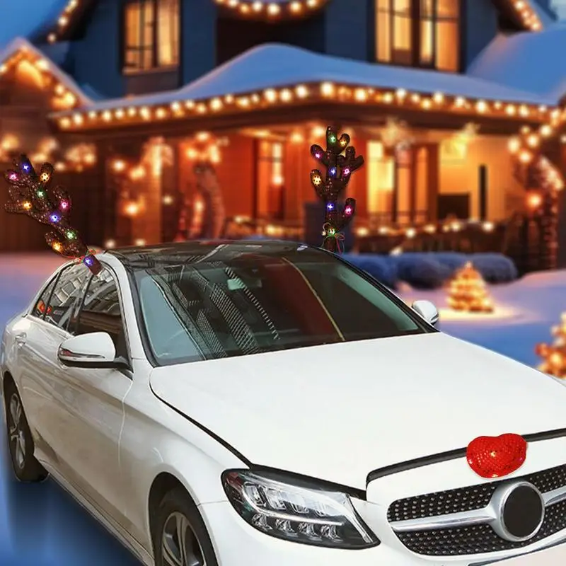 Auto gewei decoratie rendieren kerstversiering kit met LED-verlichting auto vrachtwagen voertuig kostuum kerst gewei herten decor