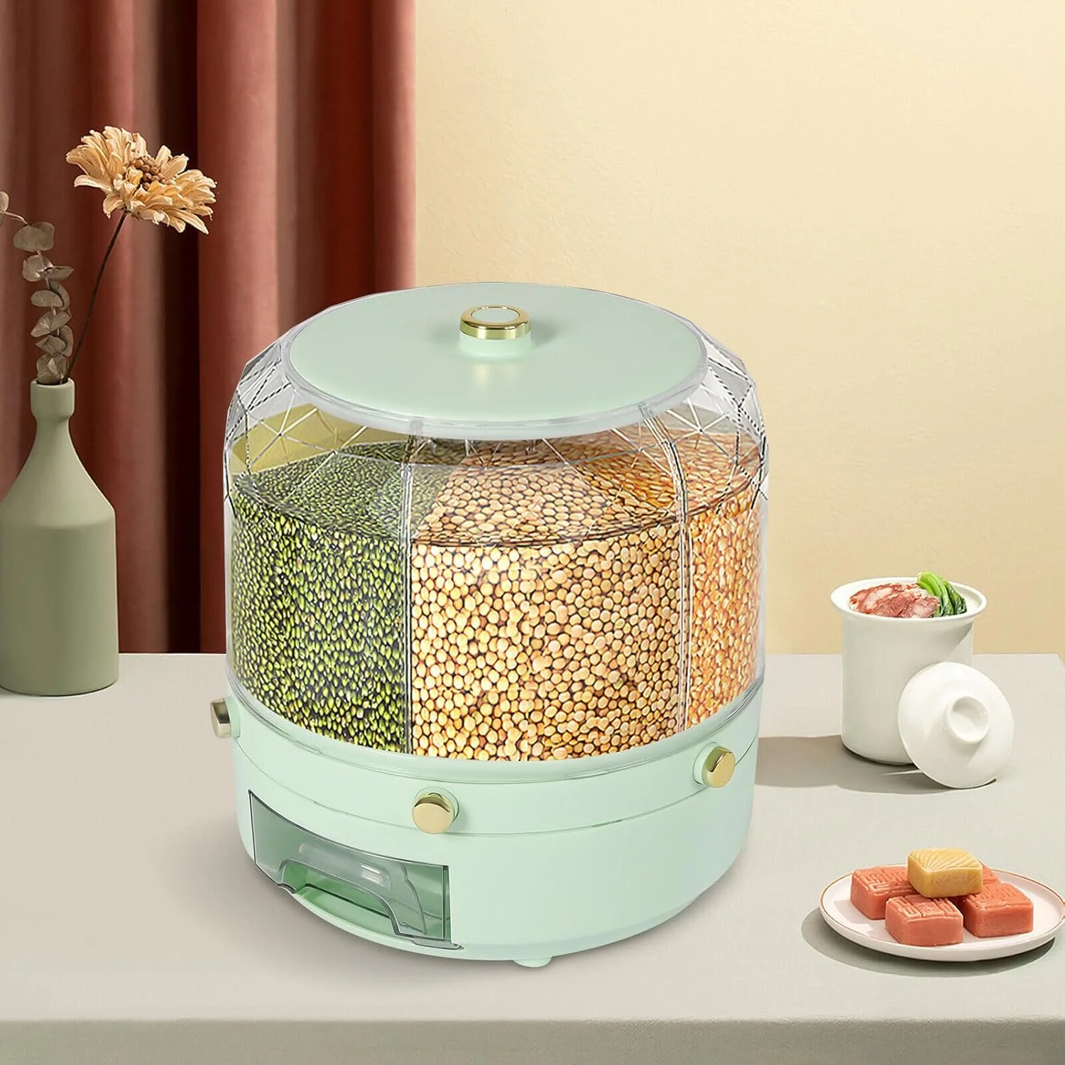 Rotatable 6 Grid Round Rice & Grain Dispenser - Sealed Food Container for Grains, Snacks, Coffee Beans, Dog Food - One-Button Pr