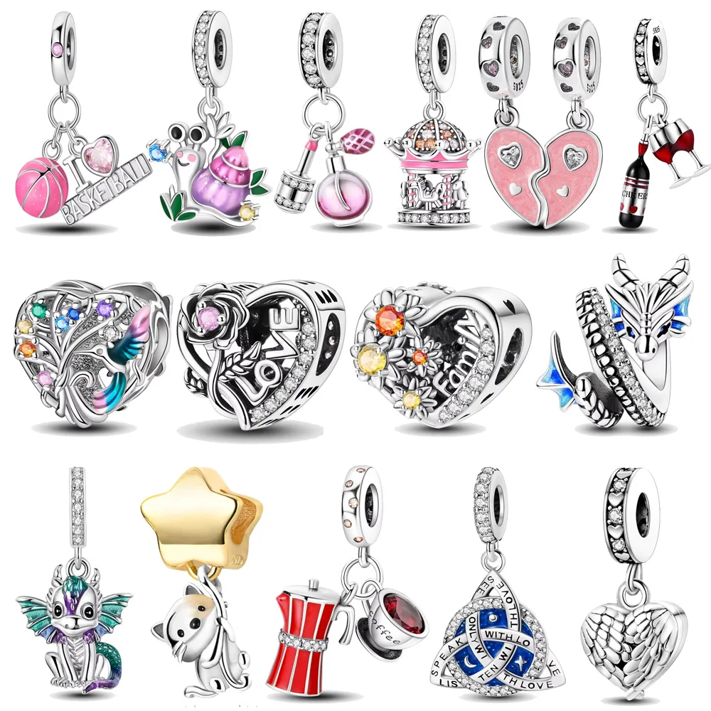 925 Sterling Silver Charm Beads for Women, Heart Rabbit Dragon Coffee Dangle Pendant Charms for Charm Bracelet DIY Jewelry Gift