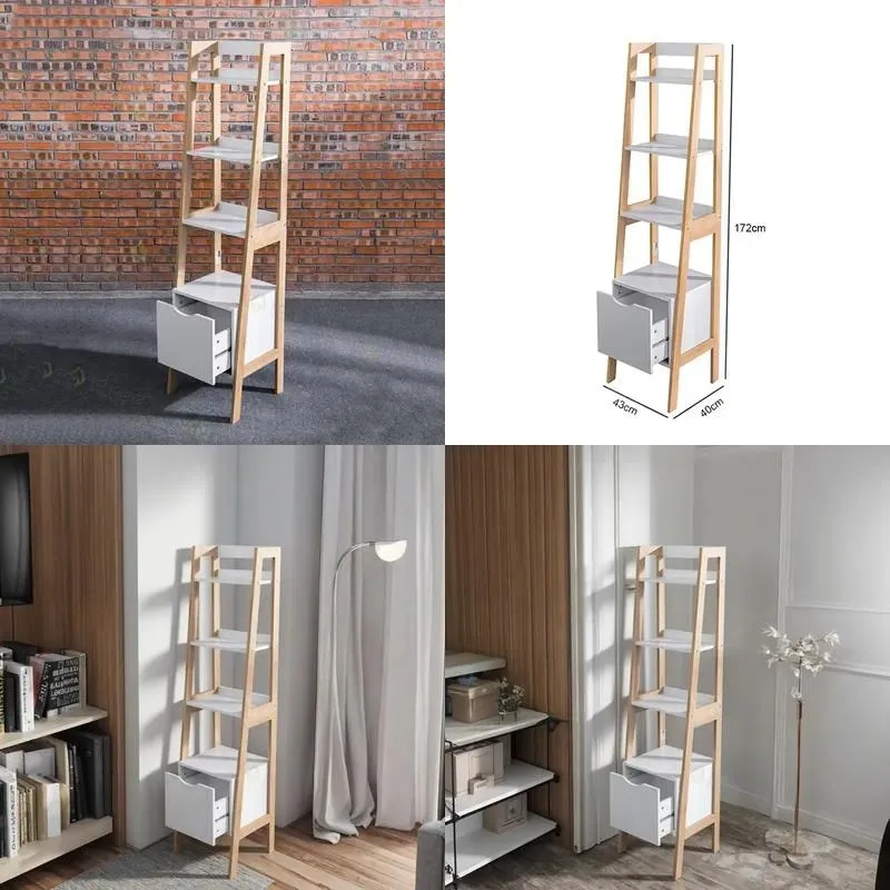 Modern Country Style Corner Display Bookcase 4 Layer Multifunctional Wooden Shelf for Home Office Unique Storage