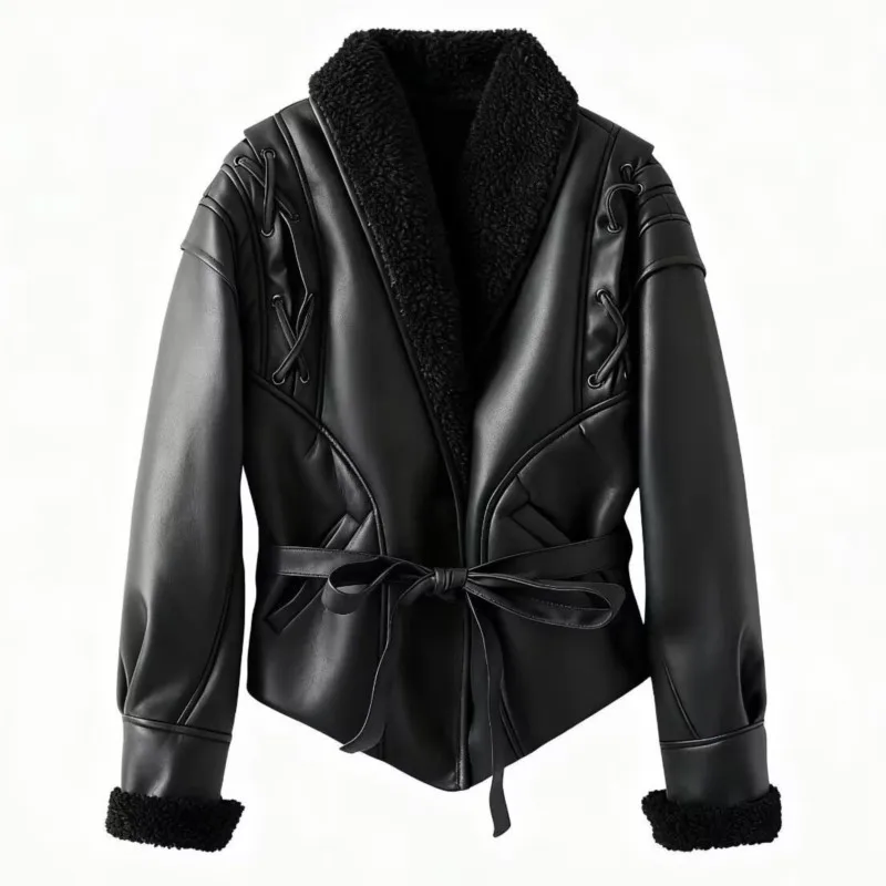 

2025 женская зимняя куртка из искусственной кожи с шалевым воротником в стиле ретро, верхняя одежда из искусственной кожи с поясом и завязкой на талии, теплые мотопальто, куртки в крутом стиле для девочек