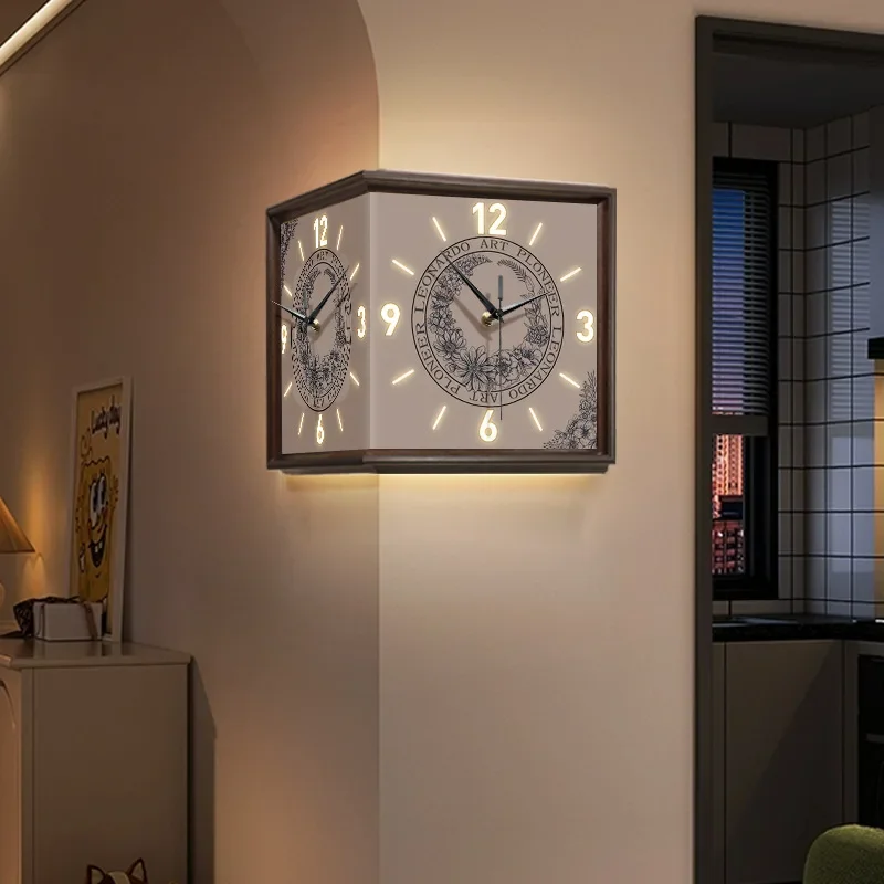 Living room corner double-sided wall clock, no punching creative clock wall lamp