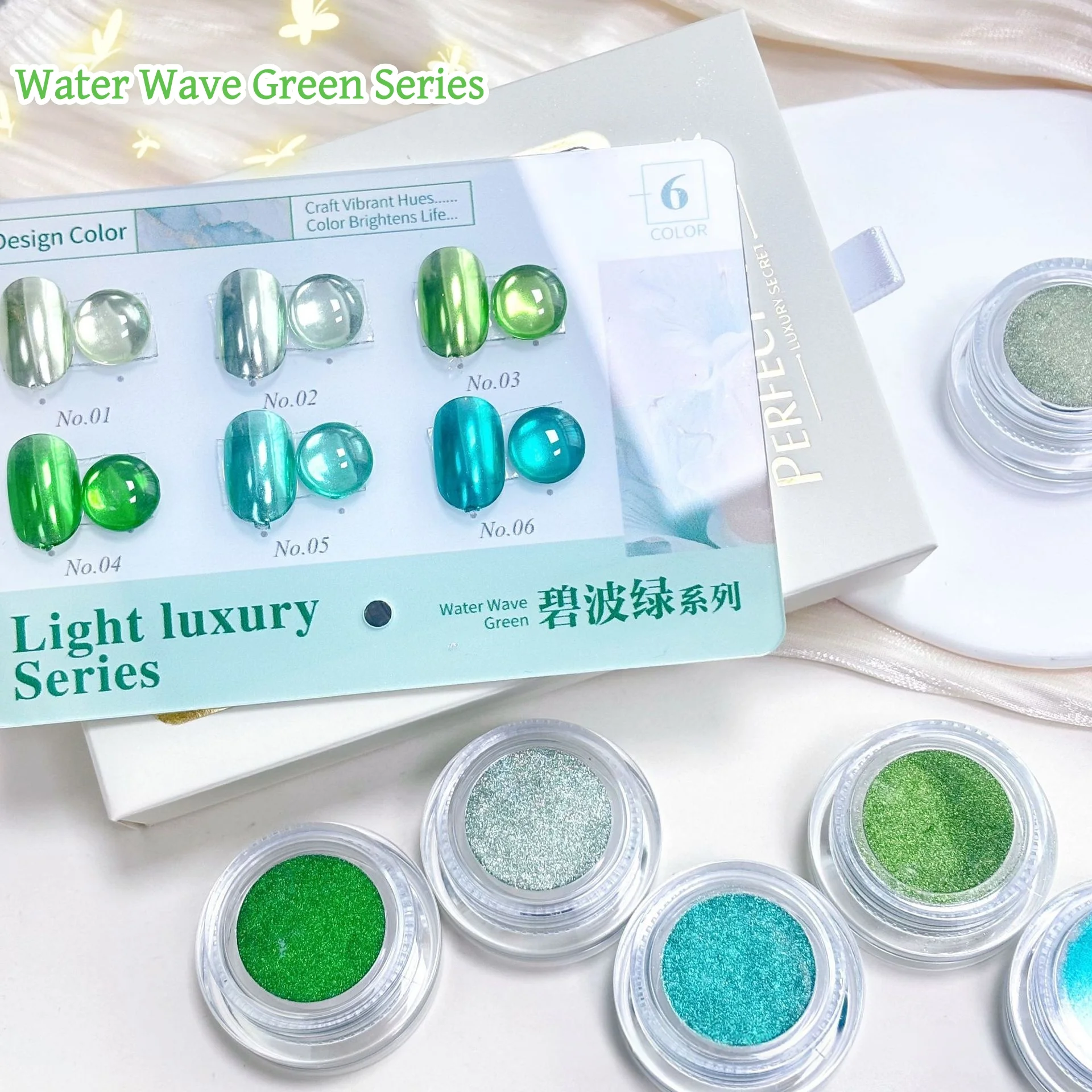 6-Color Nail Powder Set with Color Palette, Elegant Green Nail Art Kit, Summer Fresh Style, at Beauty Salons