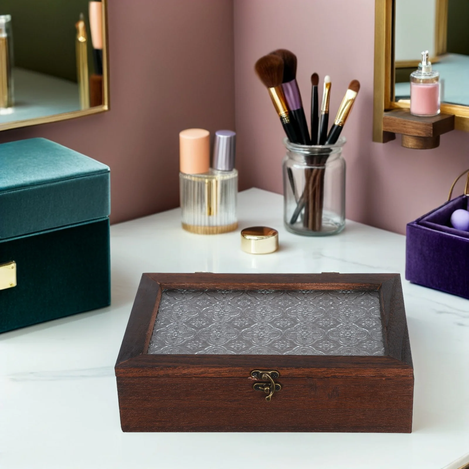

Retro Storage Cabinet Glass Top Wooden Organizer Vintage Jewelry Case for Collectibles Display Tea