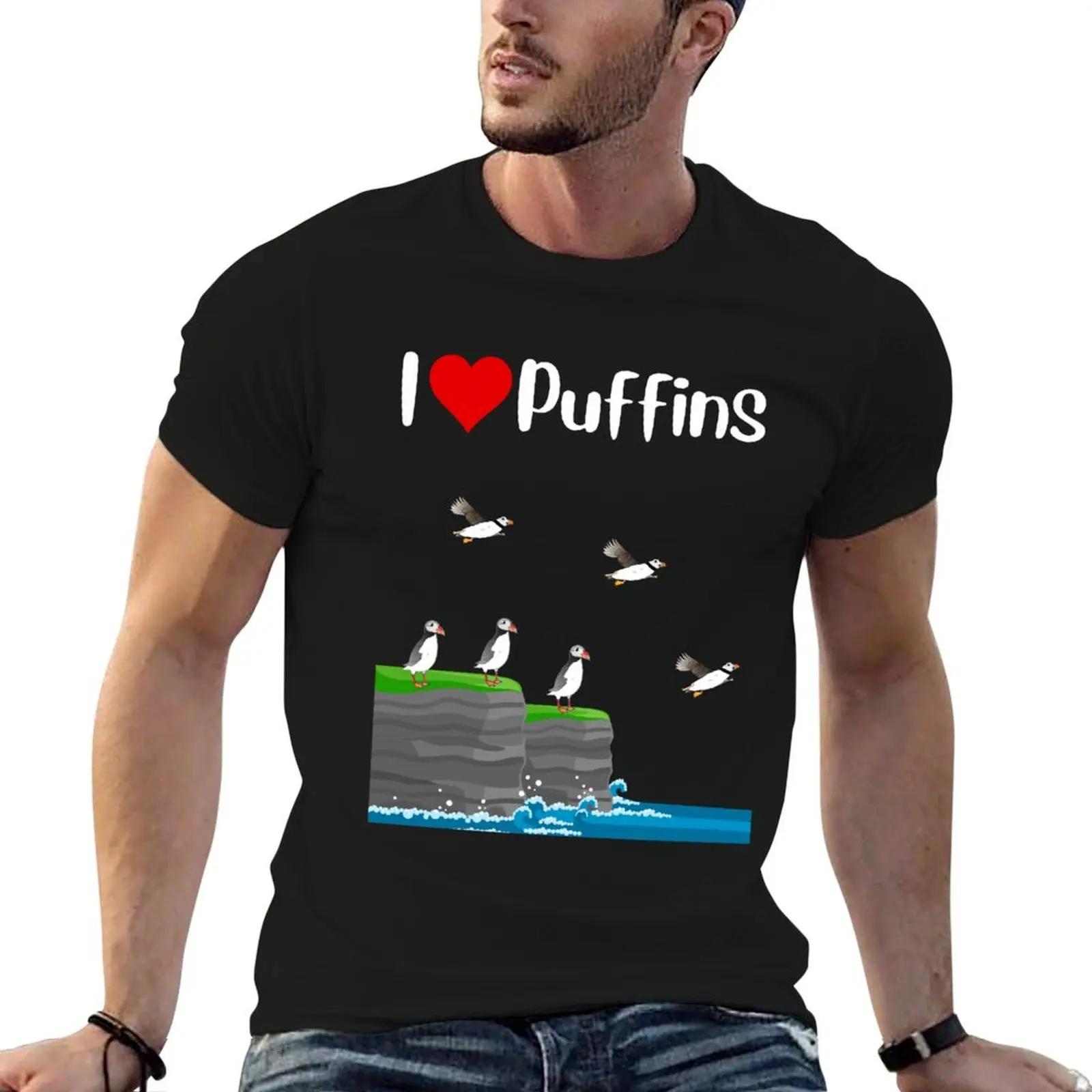 I love puffins Puffin colony on high sea cliff puffin lover T-Shirt Large Size Basic Casual T-Shirt