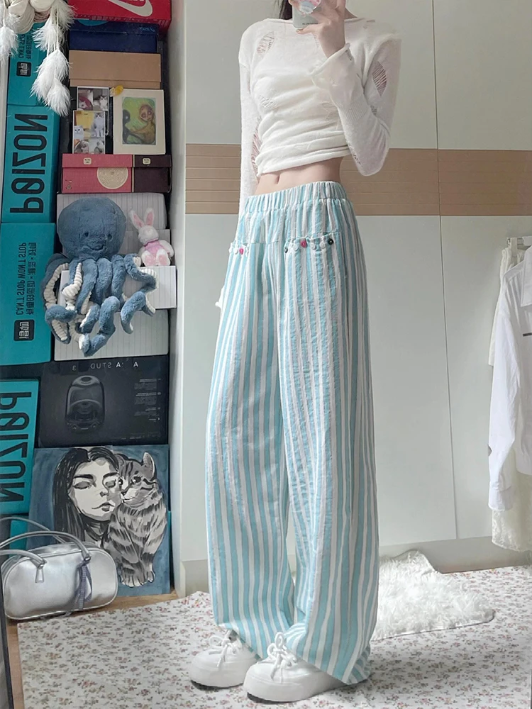 Niebieskie spodnie damskie z bawełny i lnu w paski, letnie, cienkie, luźne, z szerokimi nogawkami, w stylu lazy, proste, z wysokim stanem.