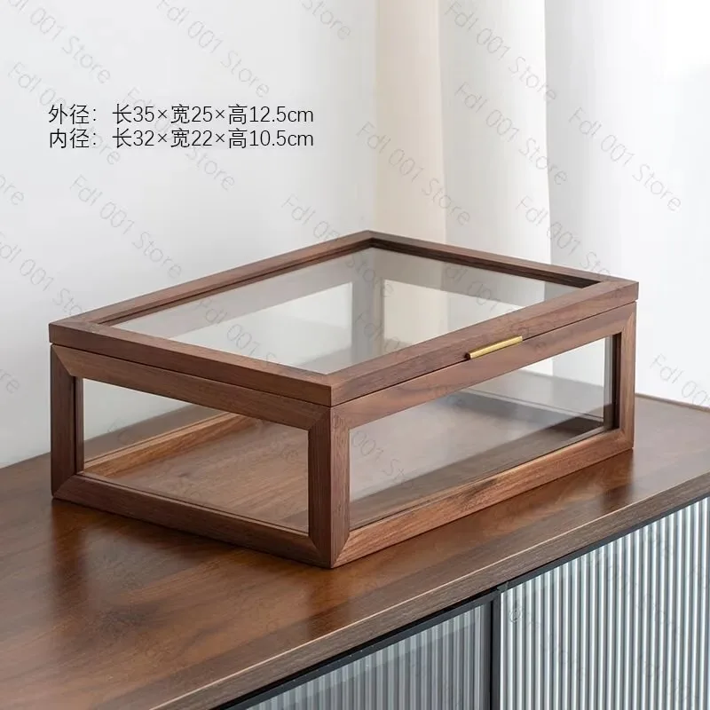Black Walnut Tea Set Storage Box Five Sided Transparent Glass Dust Proof Sturdy Frame for Desktop Collection Display