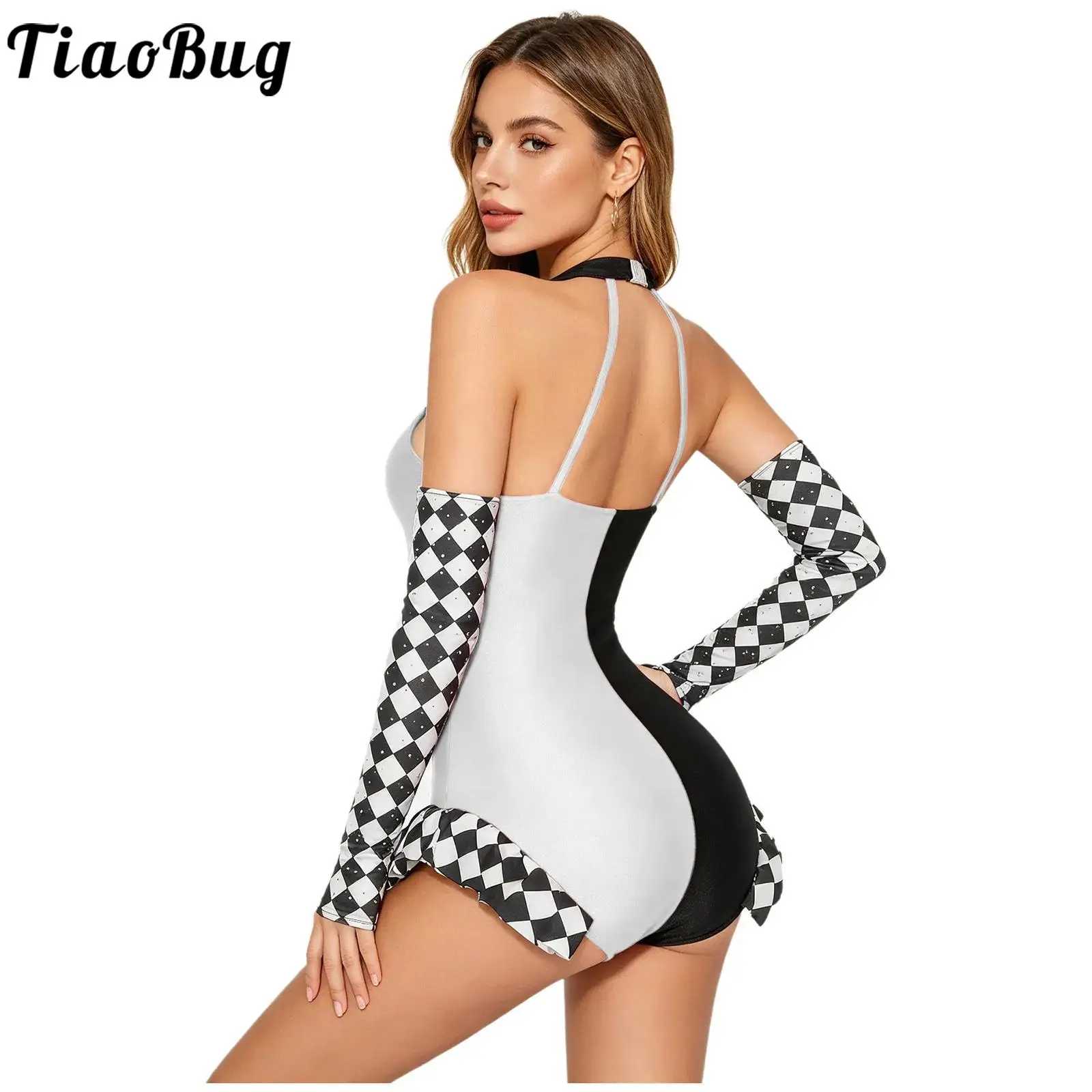 Women Clown Costume Raves Party Circus Dress-up Dresses Outfits Halter Backless Color-block Leotards with Gloves for Halloween
