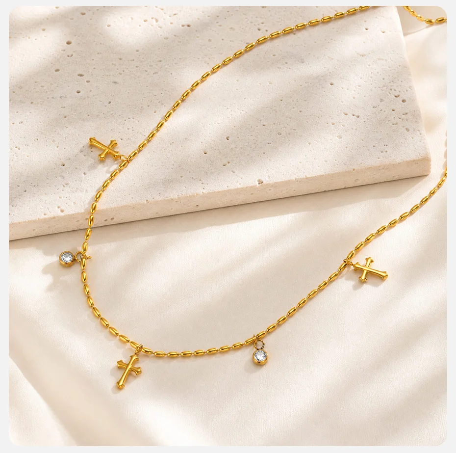 Vnox Schickes Zirkonia-Kreuz-Charm-Armband für Frauen, Edelstahl, vergoldet, mit olivfarbenen Perlen, religiöser Gebetsschmuck. – Detail 11