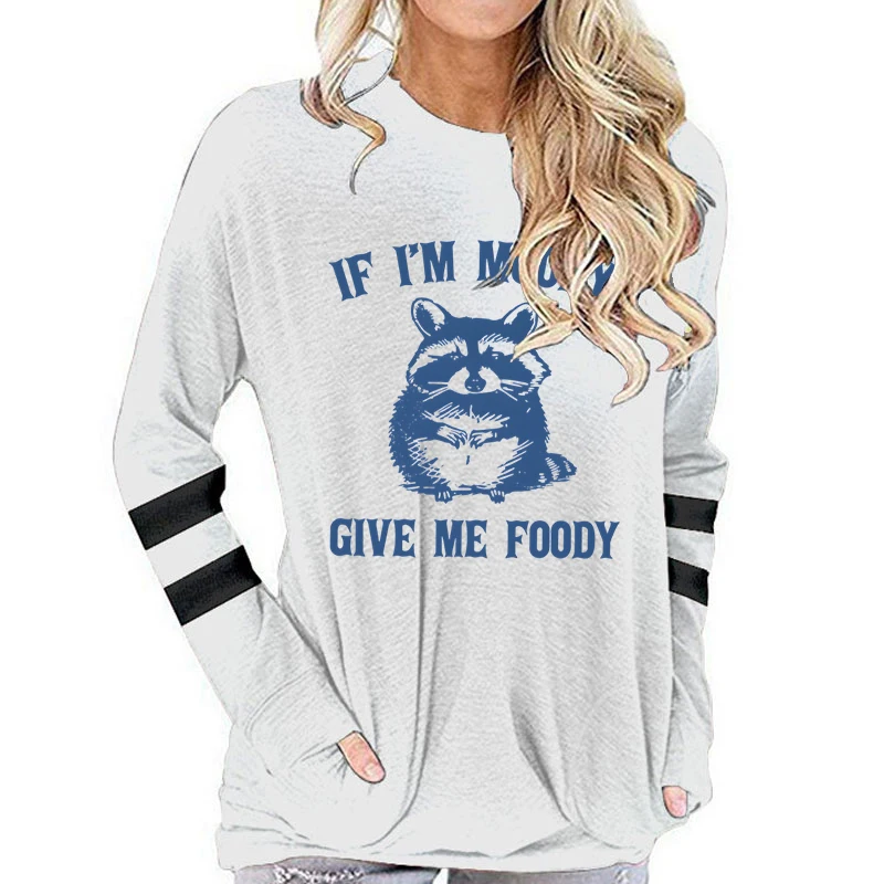 Women's Clothing If I'm Moody Give Me Foody Raccoon Graphic Long-sleeved T-shirt Funny Vintage Animal Raccoon Crew Neck T-shirts