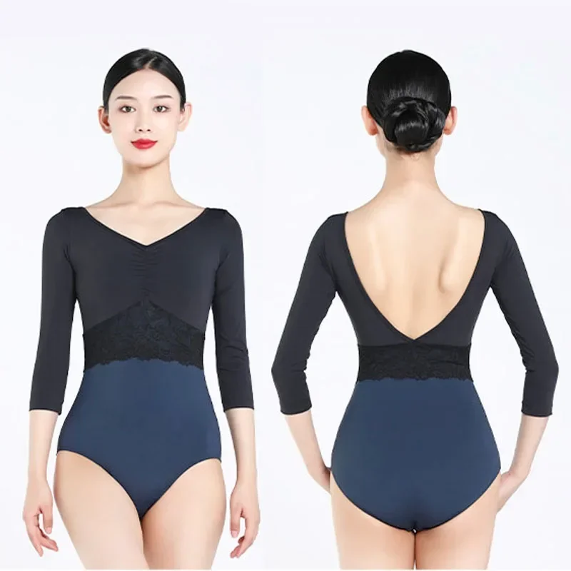 

Ballet Leotard Women's 3/4 Sleeve V-neck And V-back Color matching For Adult Dancewear Gymnastics Dance Costume