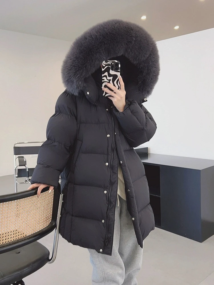 New 2024 Winter Women Long Puffer Jacket Fox Big Fur Collar Thick Warm Hooded Parka White Duck Down Loose Casual Long Down Coats