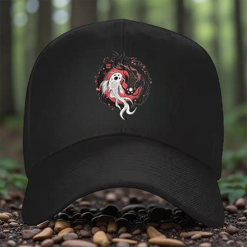 Yin Yang Koi Ghost Baseball Cap Unique Graphic Adjustable Polyester Outdoor Style Cap Unisex