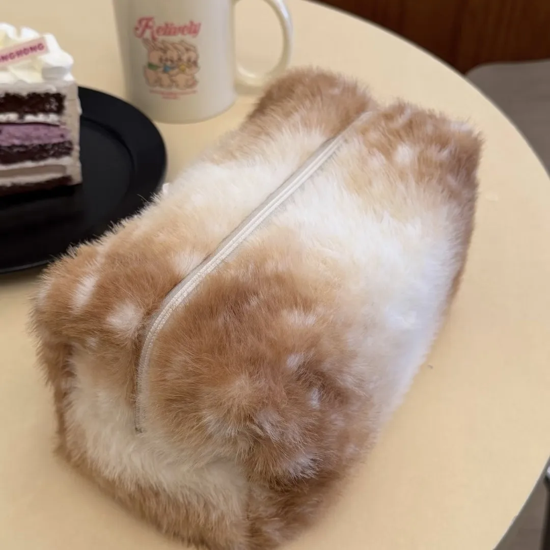 Cute Fluffy Fuzzy Spotted Deer Make-up Bag for Women Faux Fur Cosmetic Pouch Soft Plush Toiletries Organiser – Kawaii Gift