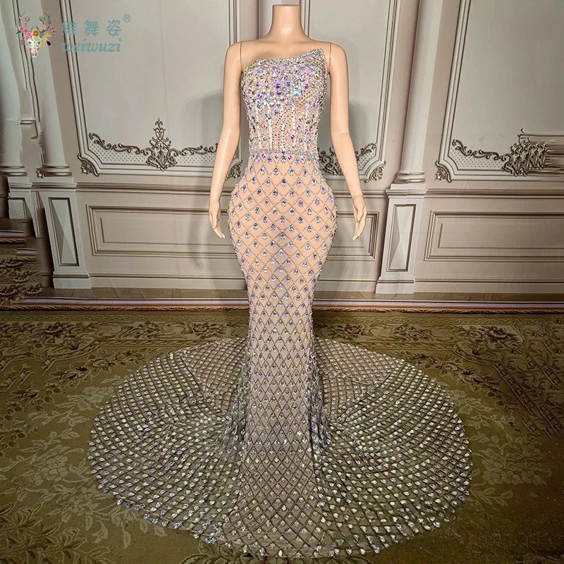Luxury Bright Crystal Sexy Beaded Rhinestone Transparent Mesh Floor-length Evening Prom Fishtail Dress Noble Wedding Dresses