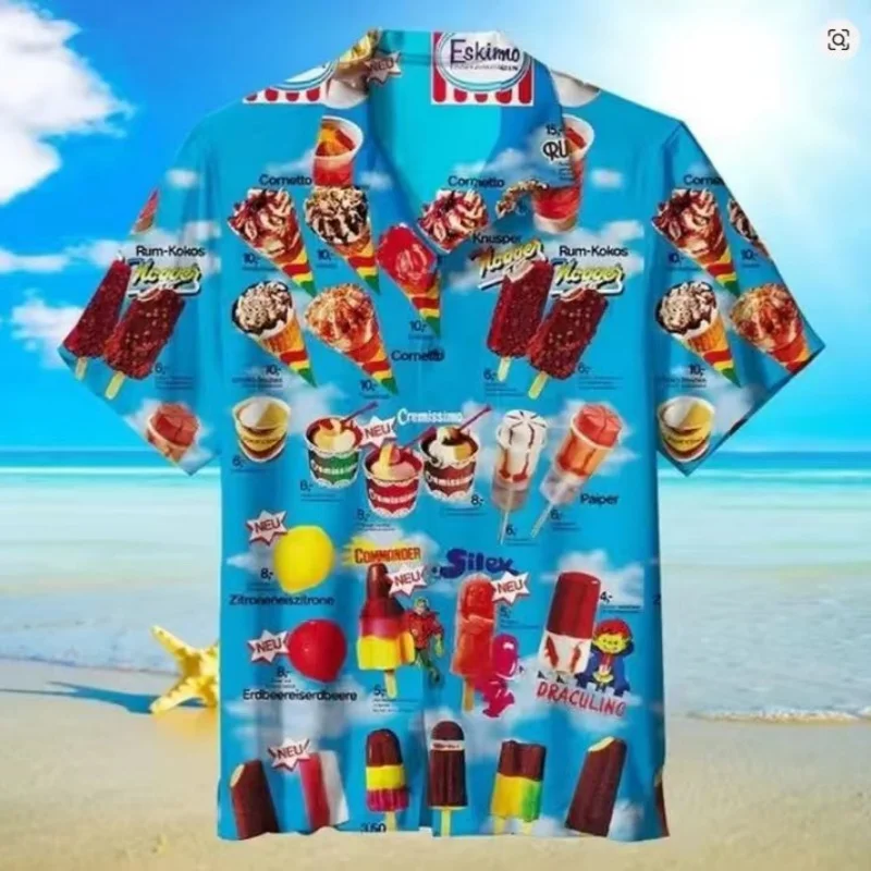 2026 Trendy Cool Fashion Ice Cream Shirts Beach Party 3d Print Hawaiian Shirt unisex Short Sleeve Oversized Blouse Lapel Shirts