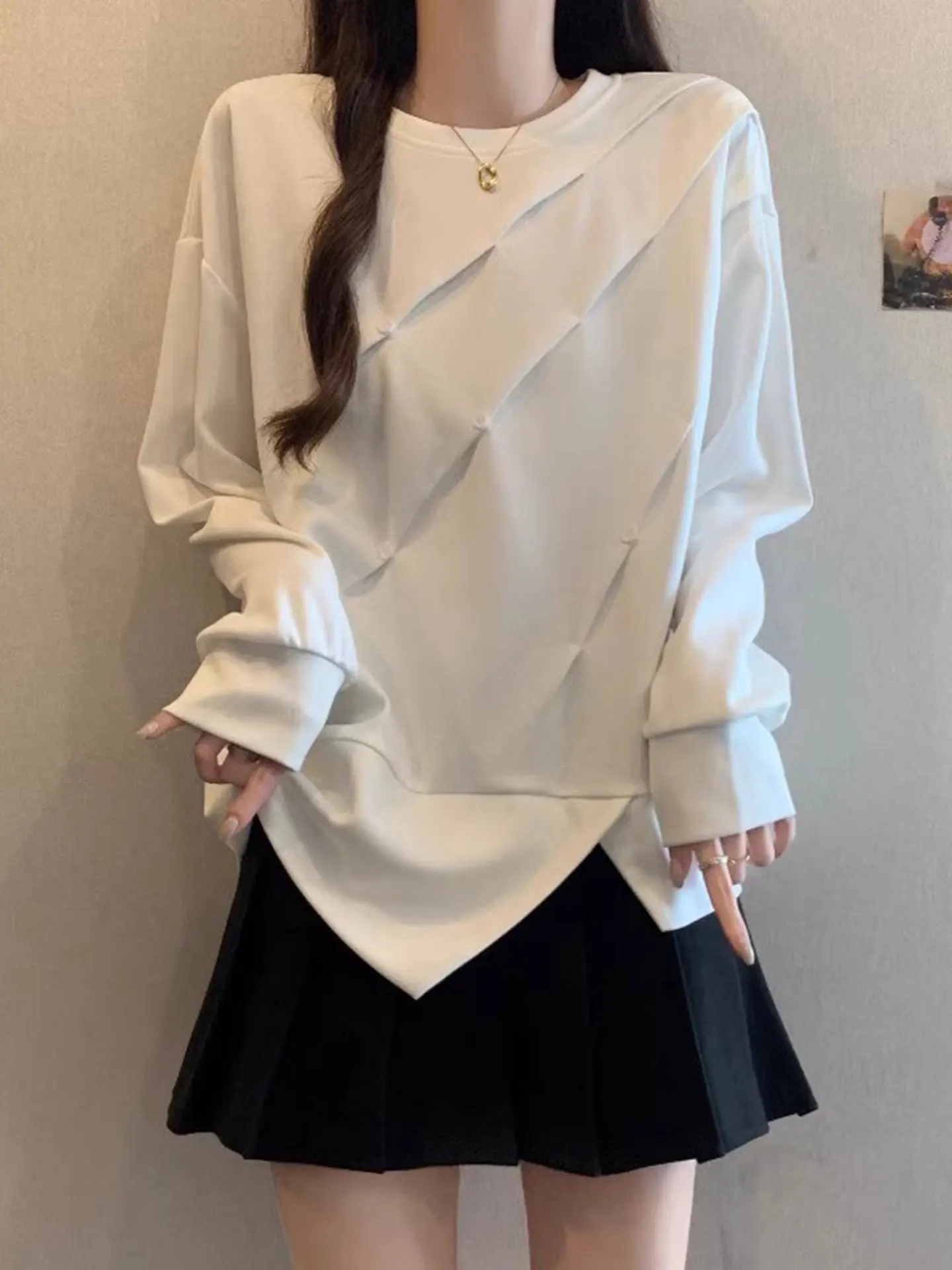 

Ele White Long Sve Hoodie Asymmetrical Design Beautiful Spring Faion for plus Size Women Comfortable Korean Sle Top
