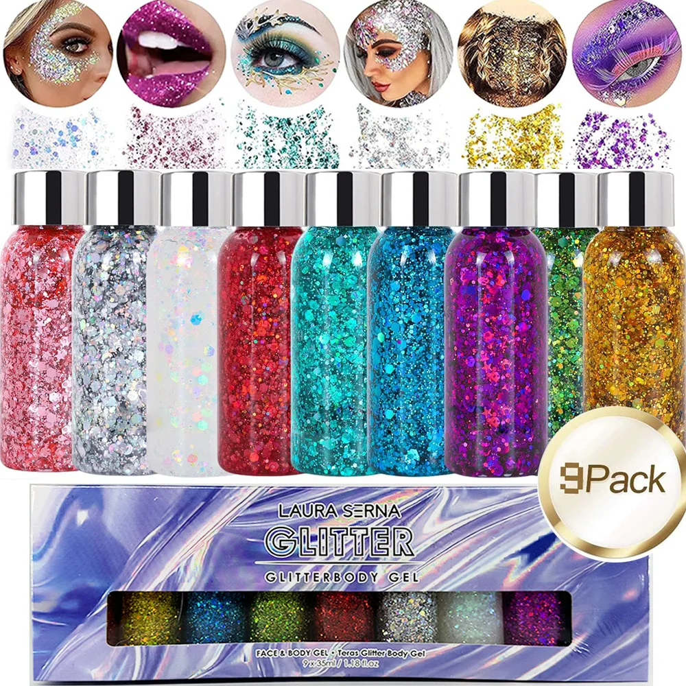 9 opakowań żelu brokatowego do twarzy Mermaid Sequin Chunky Makijaż z brokatem Lip Hair Eyeshadow Klej do brokatu do ciała Do makijażu na imprezę