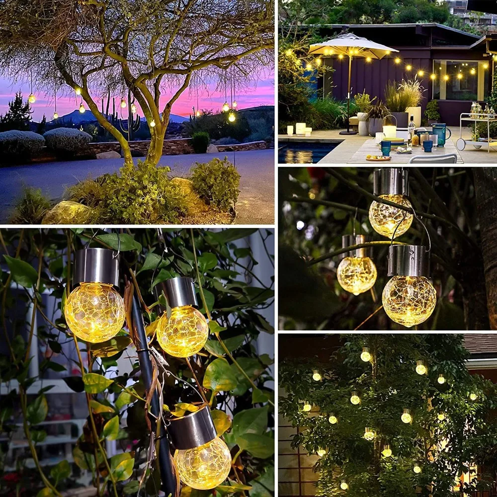 Waterproof LED Hanging Solar Lamp Cracked Glass Ball Globe Lantern Solar Outdoor Lights with Handle Clamp