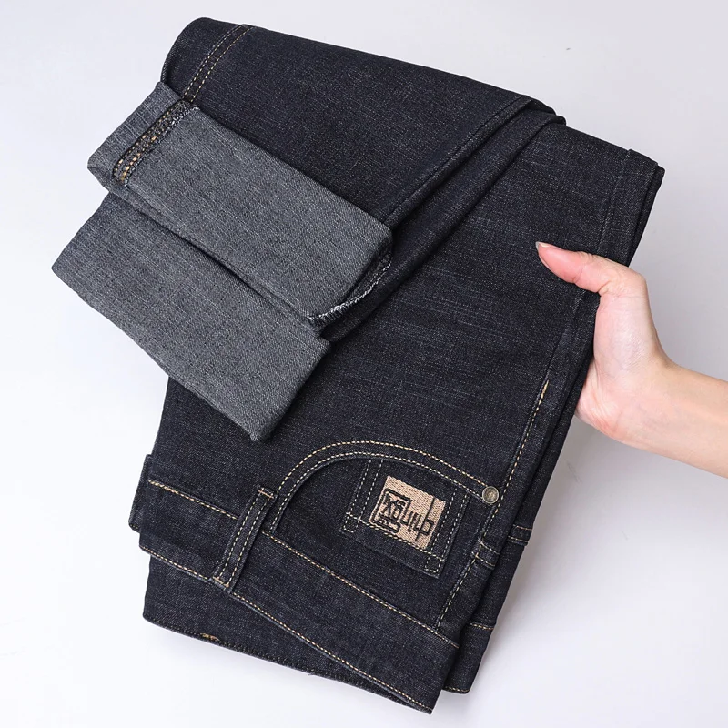 2025 New Embroidery Fashion Straight Jeans Men Stretch Black Blue Slim Fit Pants Comfortable Business Denim Trousers 28-40