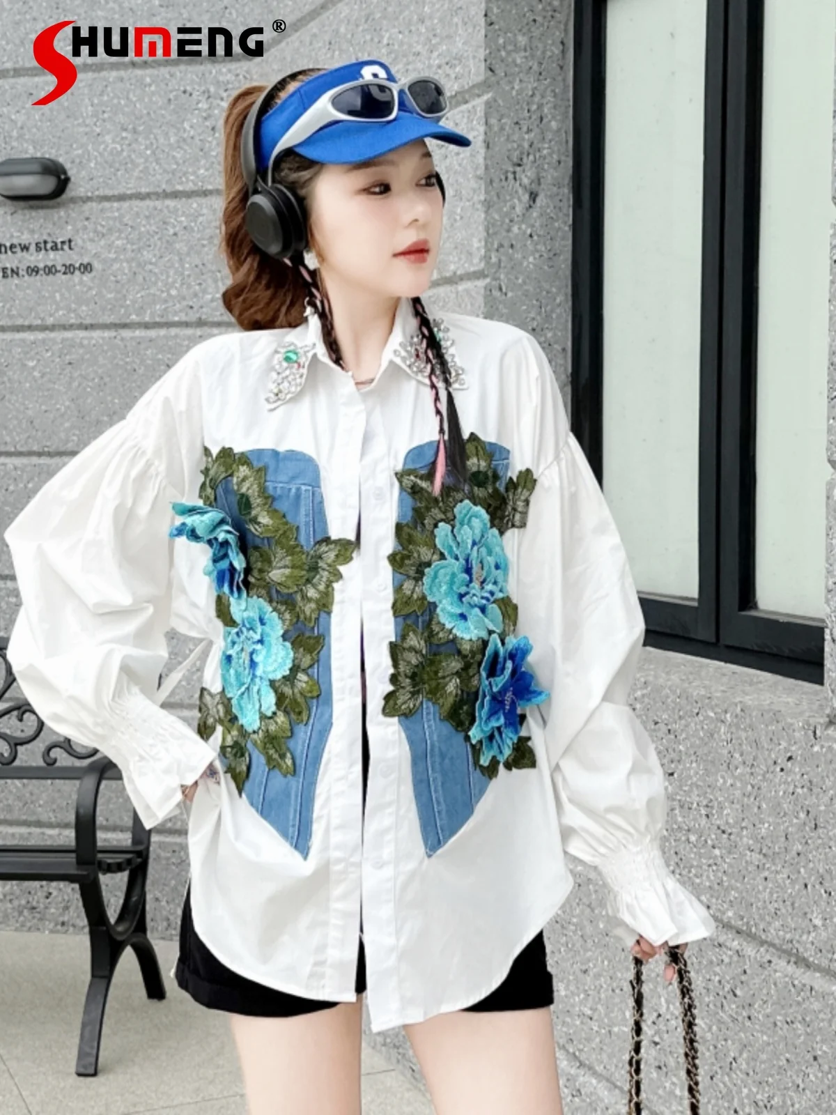 

Fashion 2024 Summer Feminine Denim Stitching Embroidered White Shirts Women's Loose Waist Tight Slimming Women's Shirt Jacket