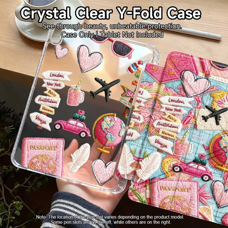 1PC Y-Fold Acrylic Case with Pencil Holder for iPad A16 11th/10th Gen, Mini 6/7, Air 4/5/6/7, Pro 11, Double-Sided Pattern