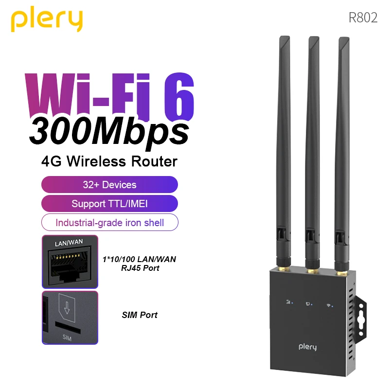PLERY CAT4 4G LTE WiFi Router WiFi6 300Mbps SIM Modem Wireless WiFi Modem Support 32+ Device WIFI Router for Asia Africa Europe