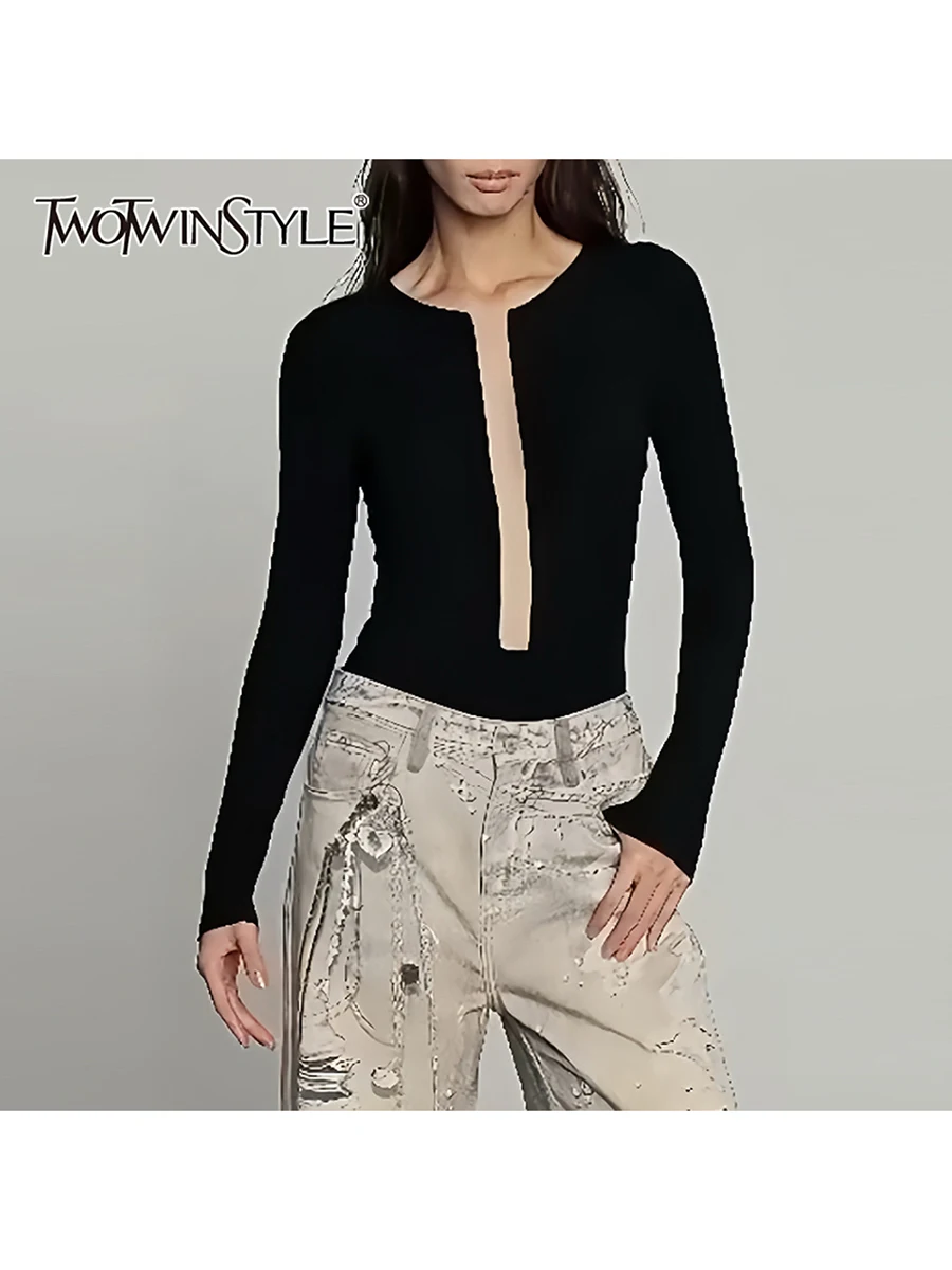 TWOTWINSTYLE Solid Minimalist Fashionable Playsuit for Women Deep Neck Long Sleeve Slimming Sexy Temperament Playsuits Female