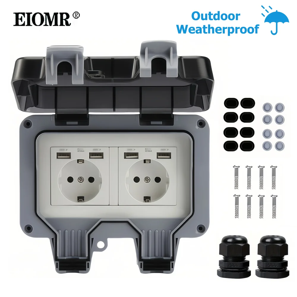 EIOMR USB Outdoor Waterproof Socket Box, IP66 Rated Water EU French UK Universal Standard Power Plug for Garden Bathroom Kitchen
