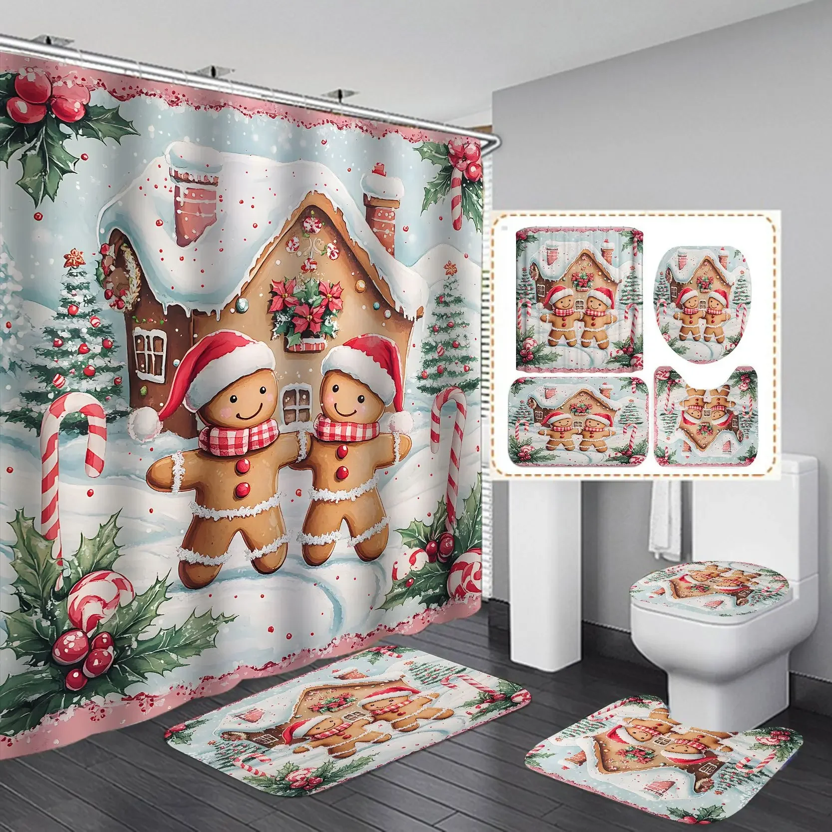 Xmas Shower Curtain Set Gingerbread Man Christmas House Waterproof 3/4PCS Bath Curtain Bath Mat Toilet Cover Decor w Hook